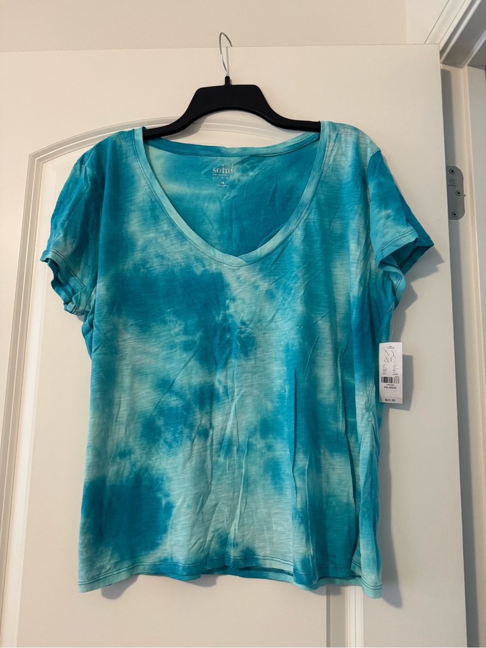 New York & Company Teal and Aqua Tie-Dye V-Neck Short Sleeve Tee